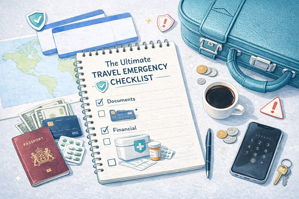 An overhead view of a travel emergency checklist on a notepad, surrounded by a passport, credit cards, cash, and other essential travel items.